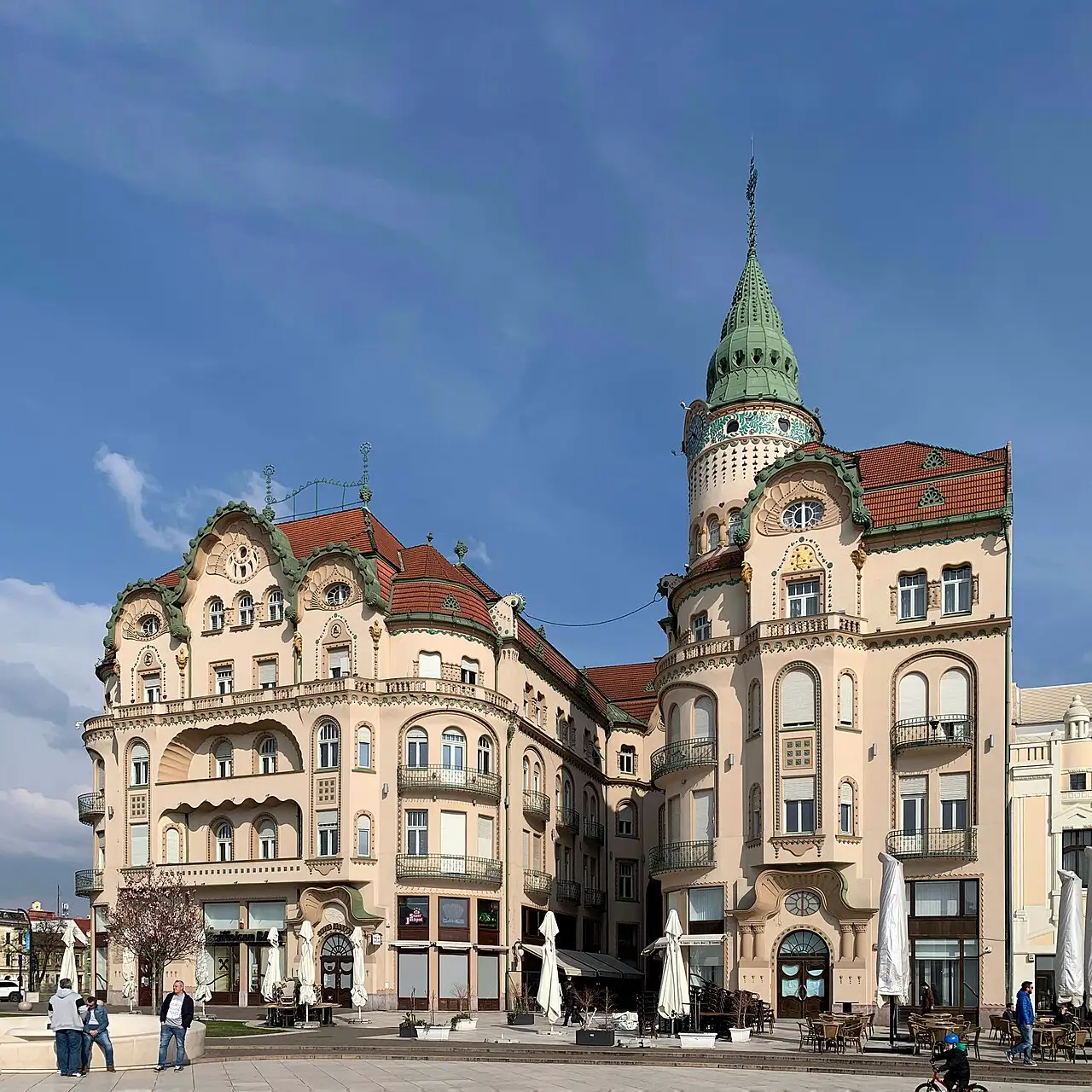 The Black Eagle Palace art-nouveau facade on a corner in Oradea with ornate windows and towers