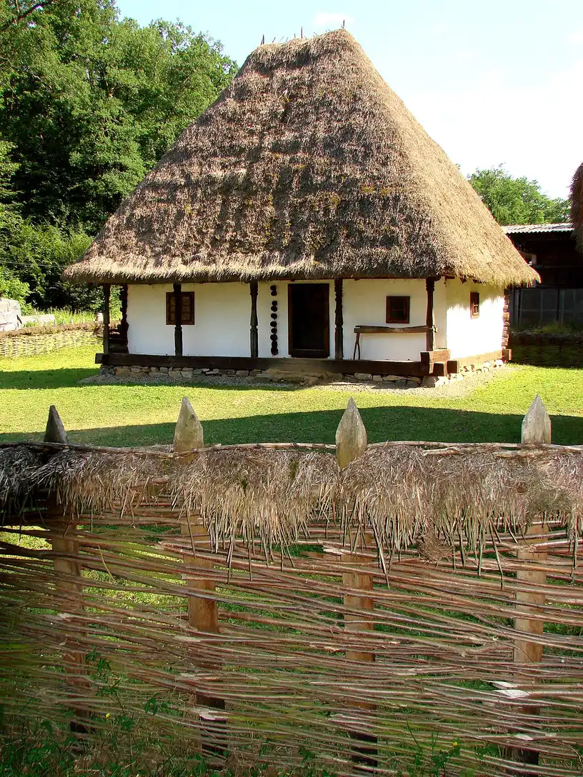 A traditional Transylvanian farmhouse at ASTRA Museum with a steep thatched pyramidal roof reaching almost to the ground