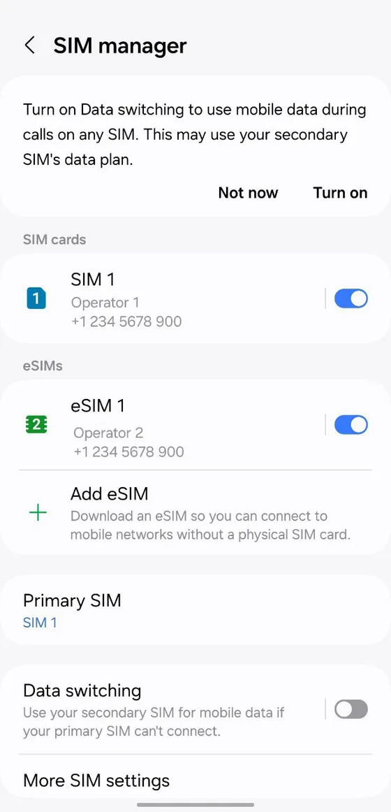 The SIM manager screen on a Samsung phone showing SIM 1 and eSIM 1 active together, with an Add eSIM option below to download a new profile