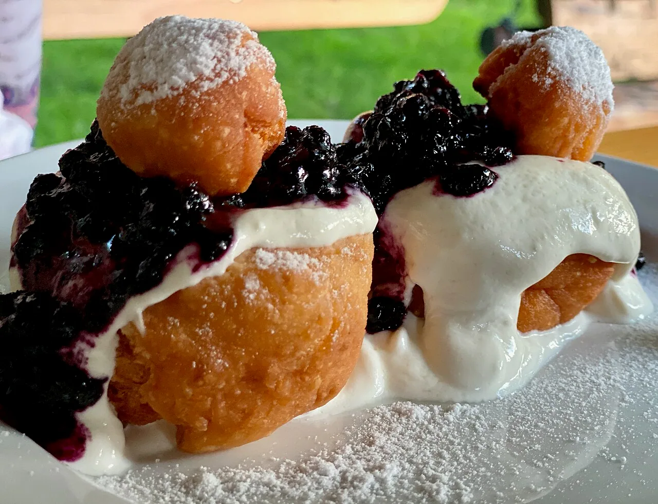 Two papanasi cheese doughnuts topped with sour cream and berry jam, a small dough ball on each
