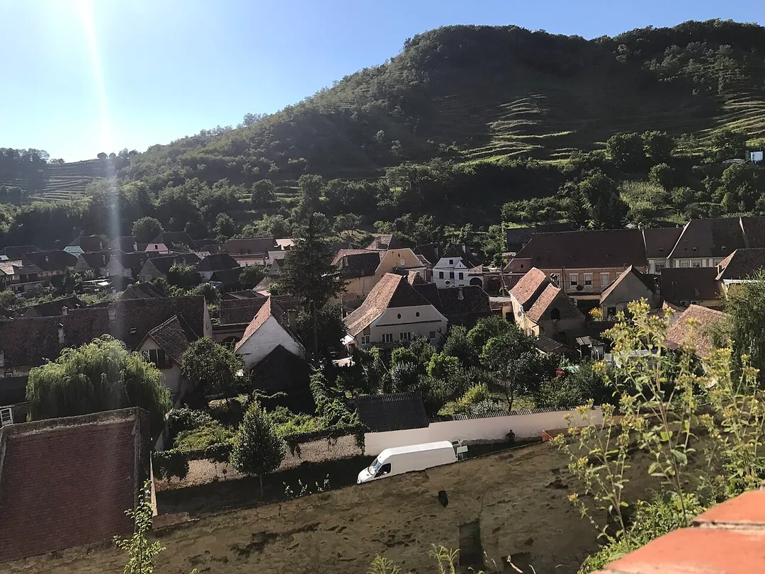 View from the walls of Biertan over the village roofs to terraced vineyard hills behind