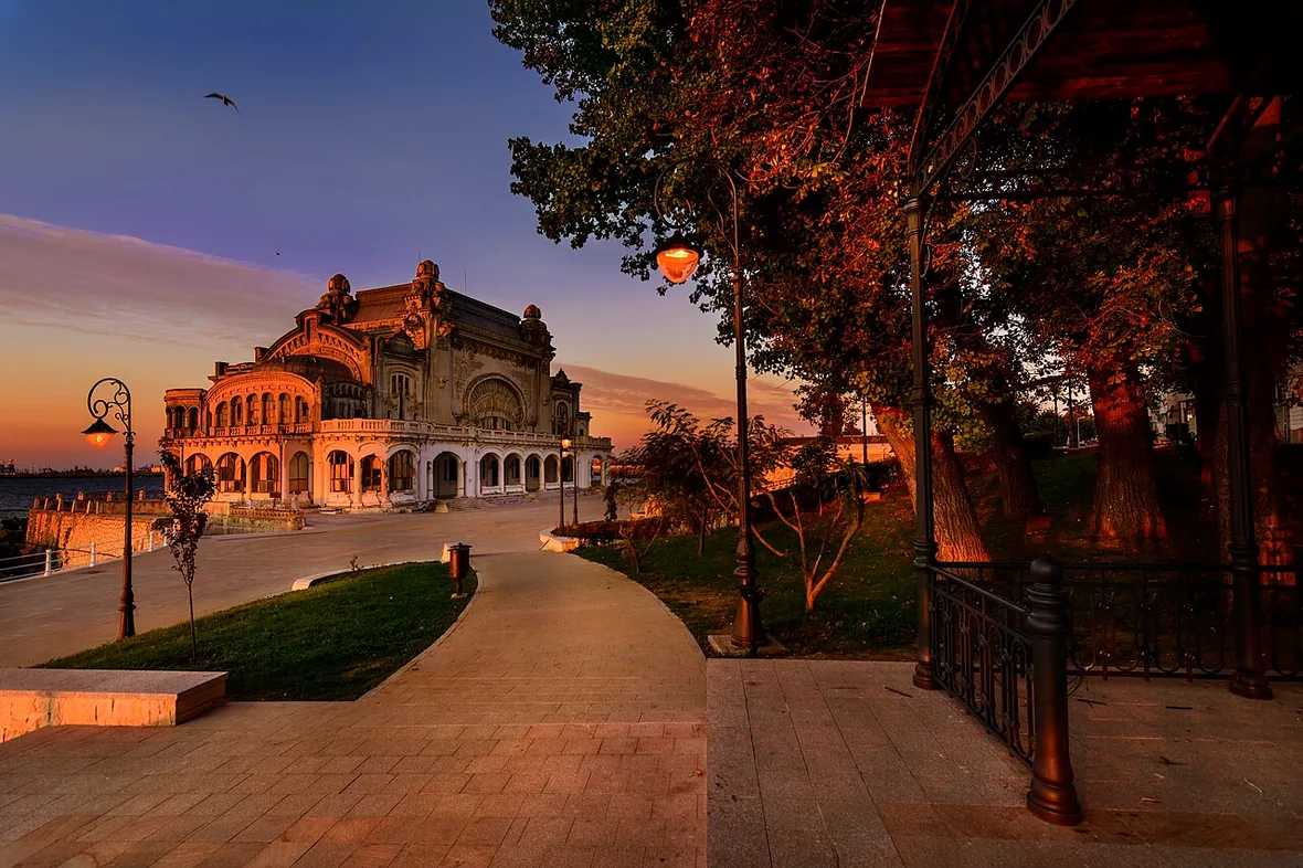Side view of the Constanța Casino on the Black Sea promenade