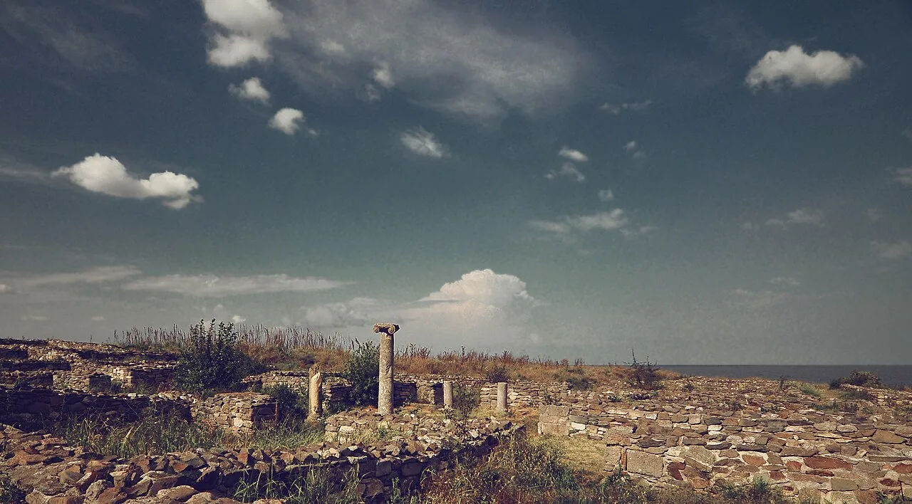 Re-erected Ionic column among the ruins at Histria archaeological site