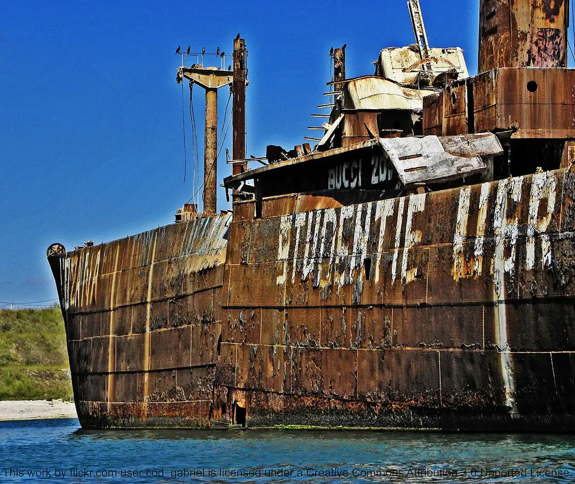 The beached Ev Evangelia shipwreck off the Costinesti shoreline on the Romanian Black Sea