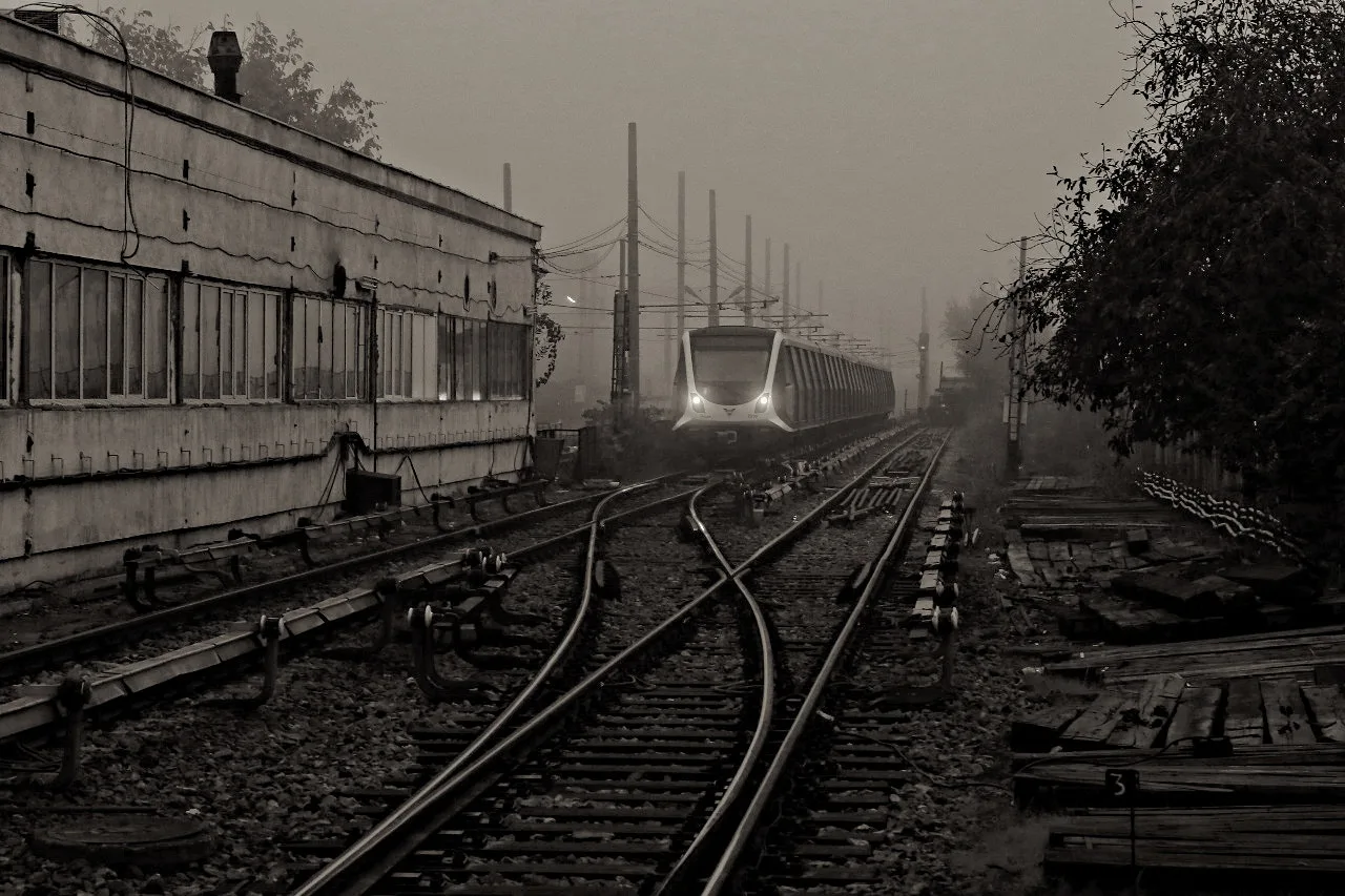A modern electric train approaching along the mainline tracks in early-morning mist, its headlights lit, a maintenance shed to one side