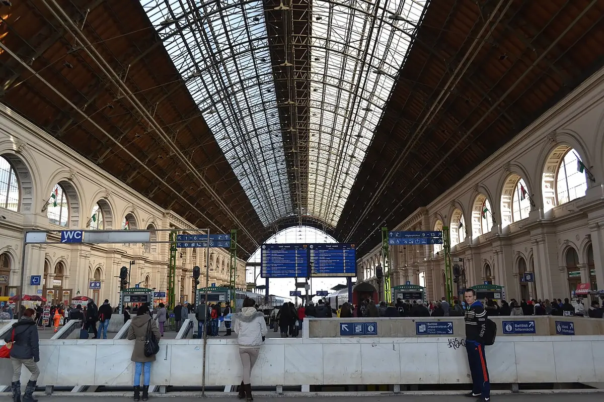 The high arched interior hall of Budapest Keleti railway station with daylight through the roof glass