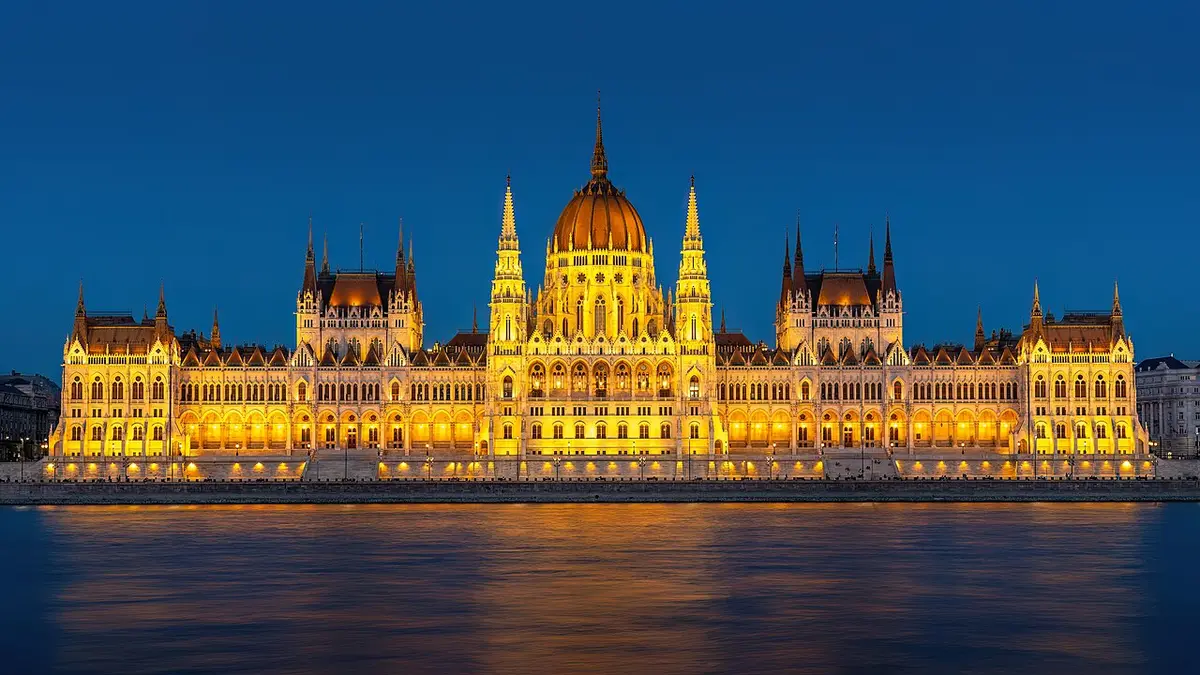 Hungarian Parliament Building on the Danube embankment in Budapest under blue sky