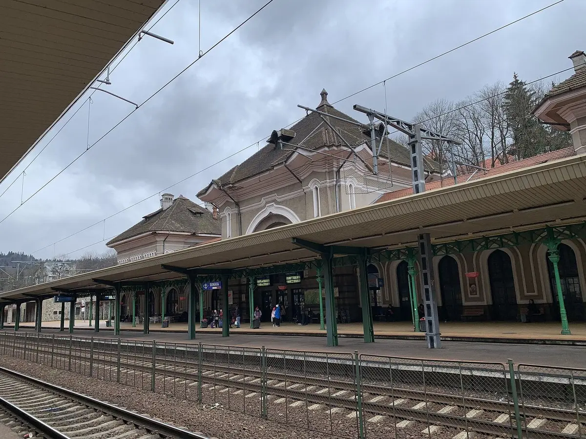 Ornate exterior detail of Sinaia railway station building