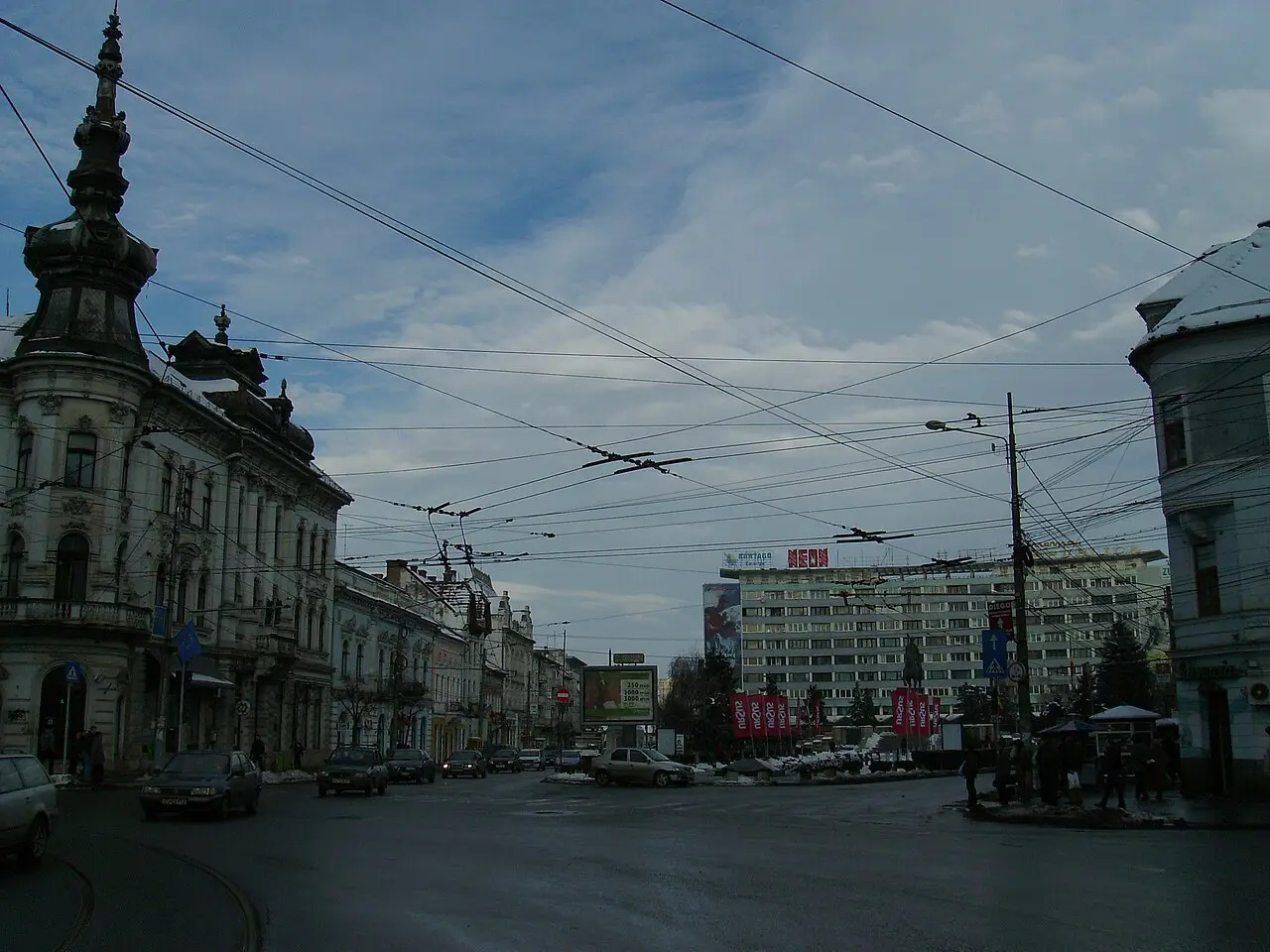 Piața Mihai Viteazul in central Cluj-Napoca with the equestrian statue and surrounding buildings