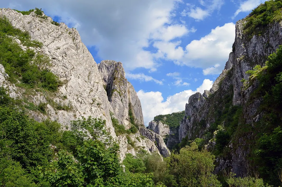 The limestone cliffs of Turda Gorge near Turda, a dramatic canyon that many visitors pair with the salt mine on a day trip from Cluj-Napoca