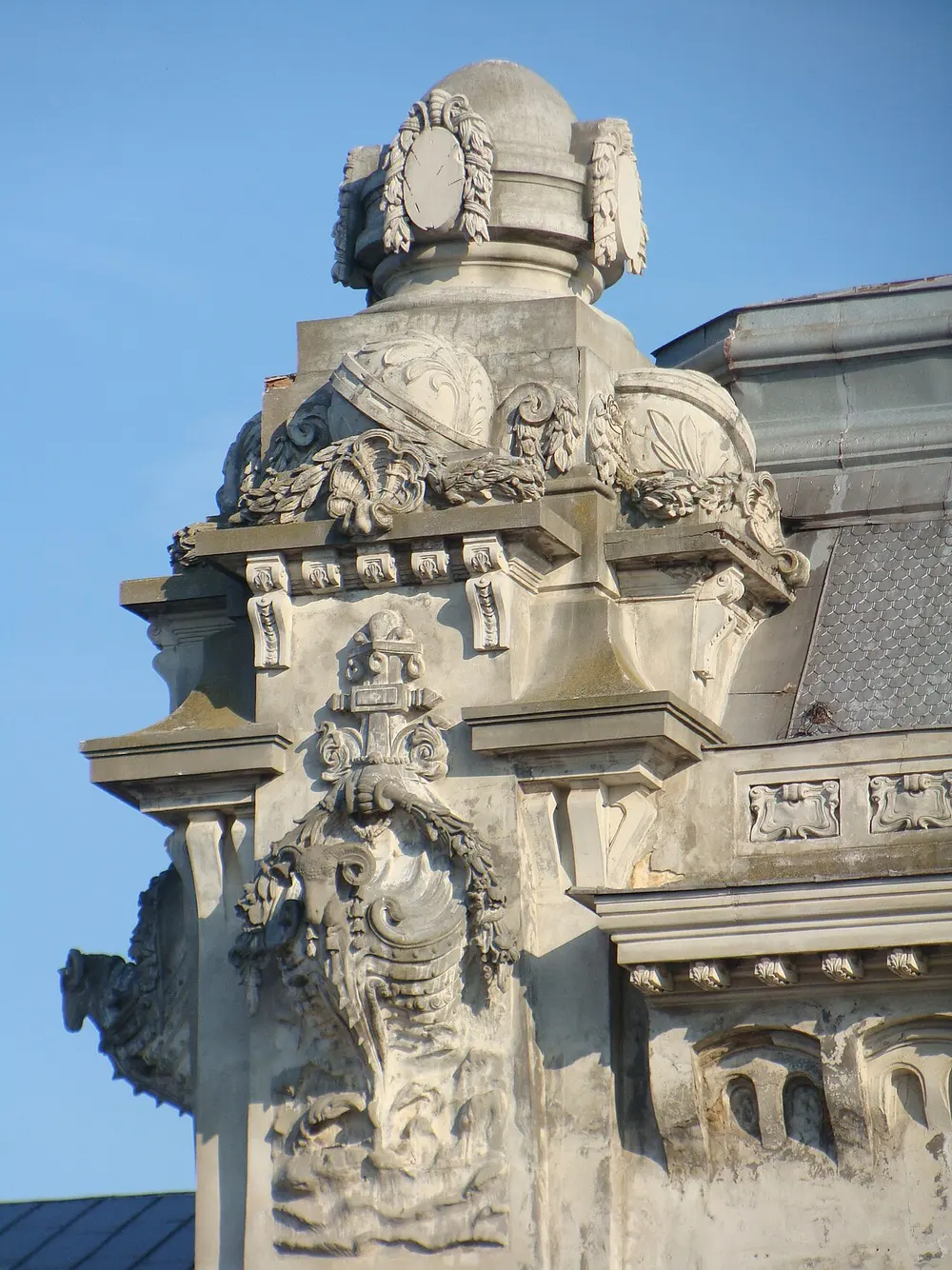 Ornate Art Nouveau shell and scroll detail on the roofline of the Constanta Casino