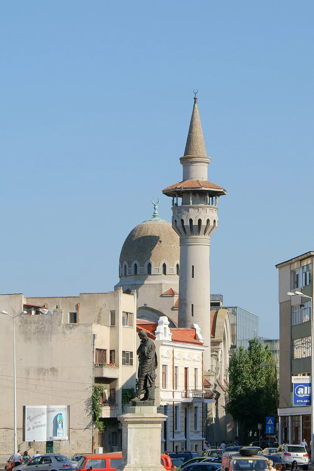 The Great Mosque of Constanta with its tall minaret rising above the old town