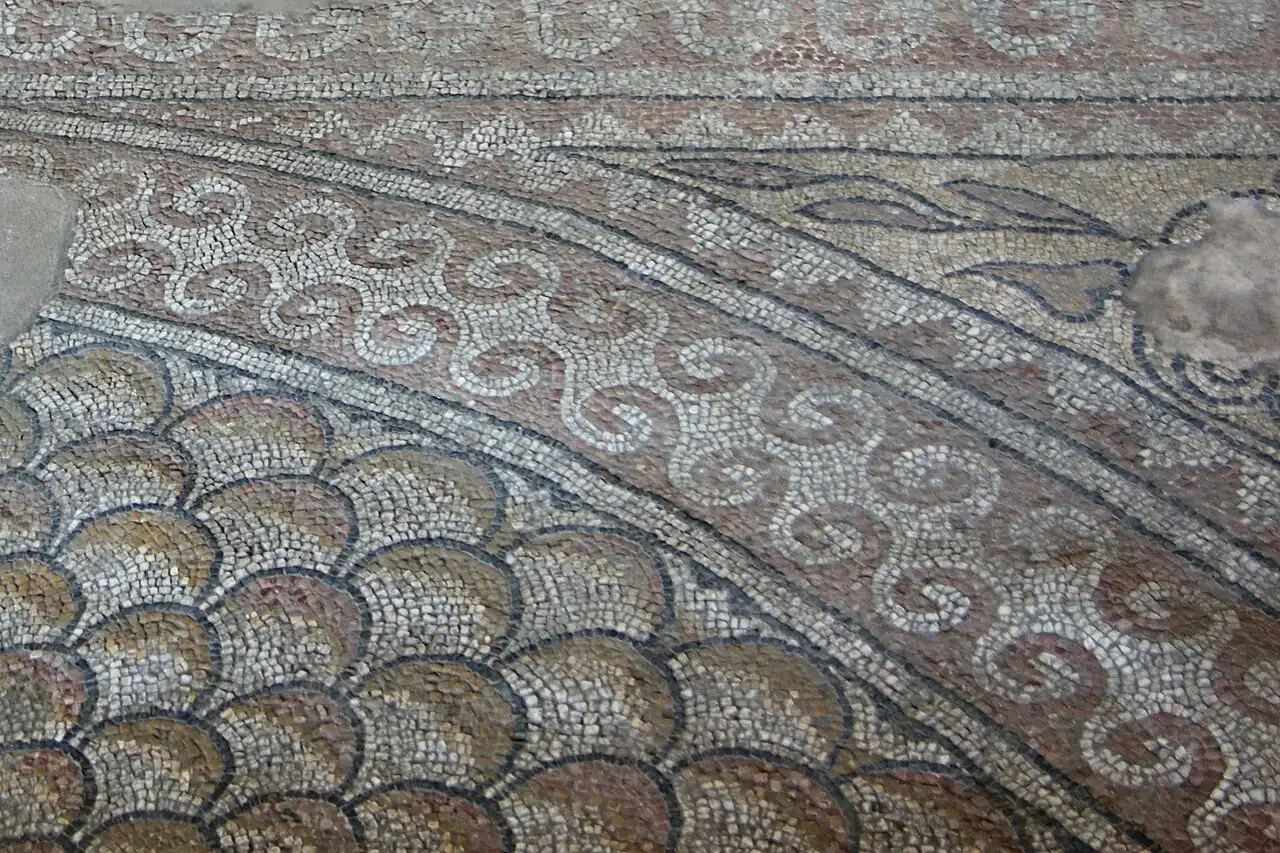 Close-up of the multicoloured geometric Roman mosaic floor at the Edifice with Mosaic in Constanta