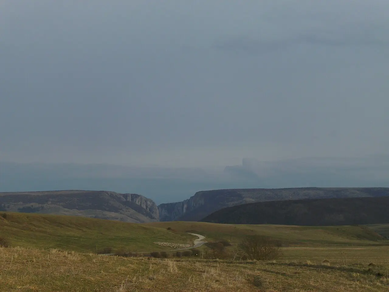 Turda Gorge seen from the west, a limestone canyon cutting a plateau, with a country road and grazing sheep in the foreground