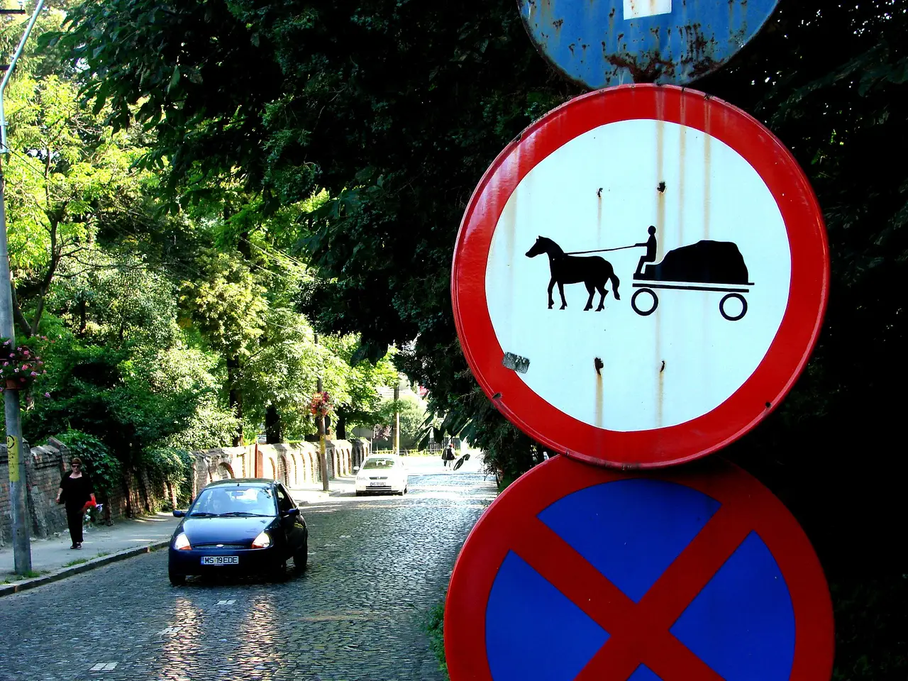 A Romanian road sign banning horse-drawn carts, mounted above a no-stopping sign, on a cobbled street in Sighisoara with a car driving past