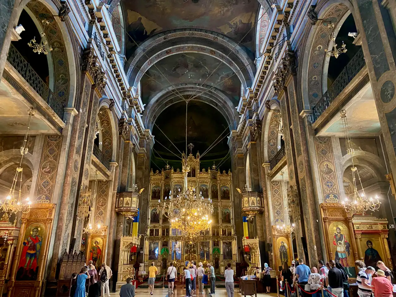 The painted interior of the Metropolitan Cathedral in Iasi, gilded and frescoed under the vaults