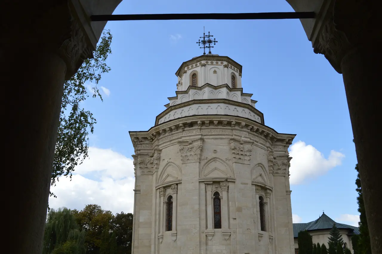 The Golia Monastery church in Iasi with its late-Renaissance facade behind the enclosure wall