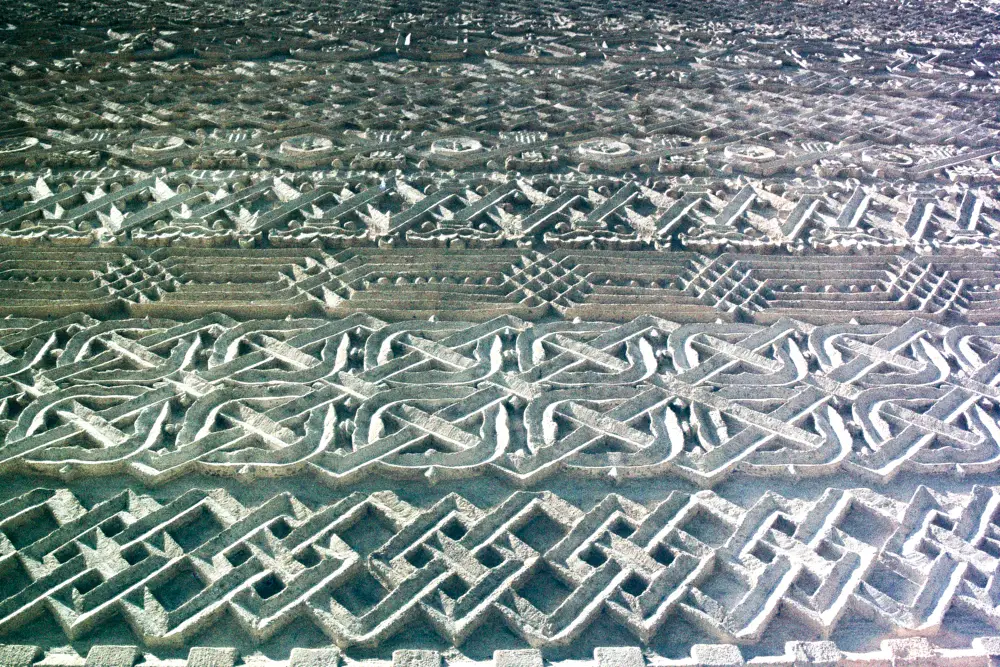 Close-up of the carved stone bands on the exterior wall of the Three Hierarchs church in Iasi