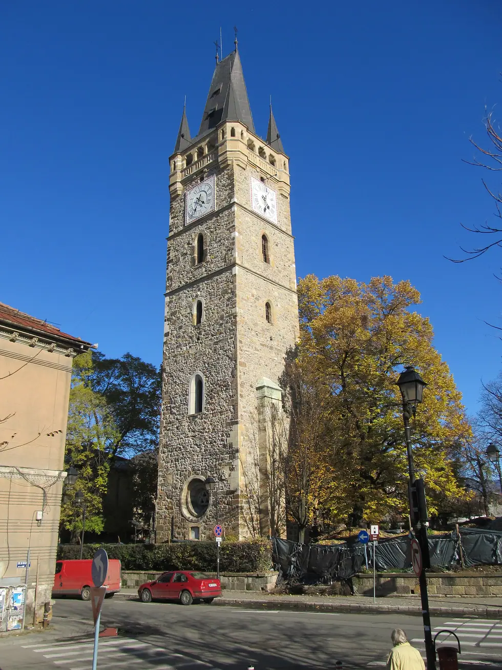 Stephen Tower, the tall Gothic stone bell tower in the old centre of Baia Mare