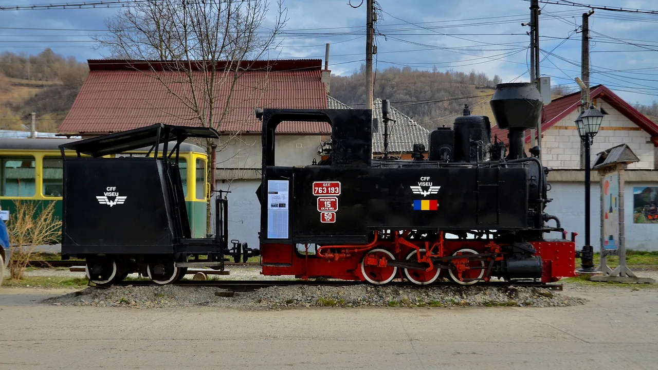 A black CFF Viseu narrow-gauge steam locomotive with red running gear, the Mocanita of the Vaser Valley