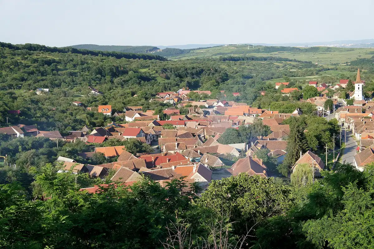 Sibiel village houses and orchards in the foothills west of Sibiu