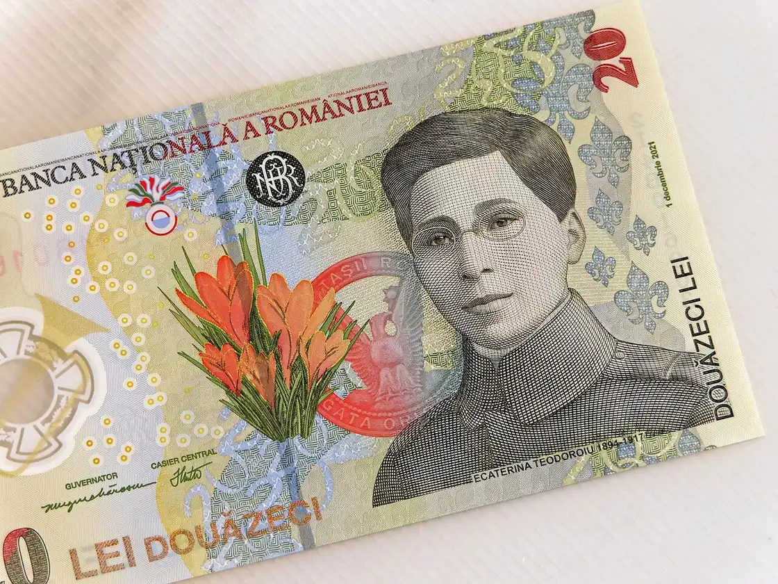 A Romanian 20 lei polymer banknote showing World War I heroine Ecaterina Teodoroiu, the newest denomination, added in 2021