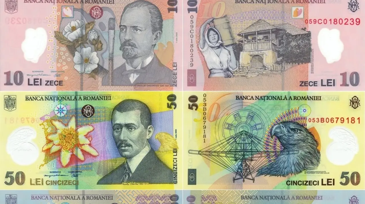 Romanian 10 lei and 50 lei polymer banknotes, front and back, the current currency of Romania issued by the National Bank