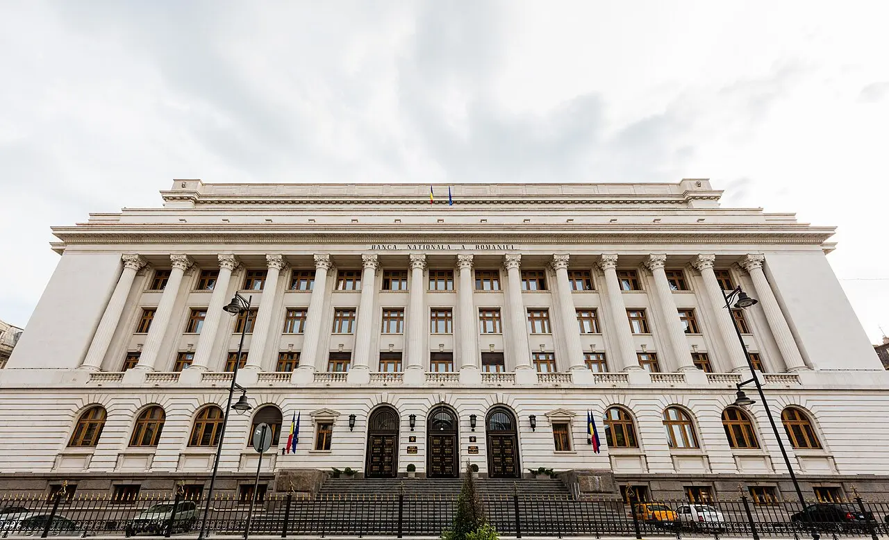 The neoclassical headquarters of the National Bank of Romania in Bucharest, the institution that issues the leu