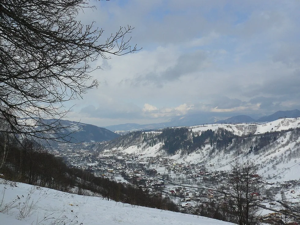 The village of Bran below the castle, houses and guesthouses spread along the valley road
