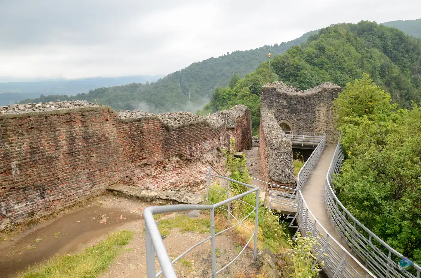 Broken curtain walls of Poenari Castle along the narrow mountain crest with forest dropping away on both sides