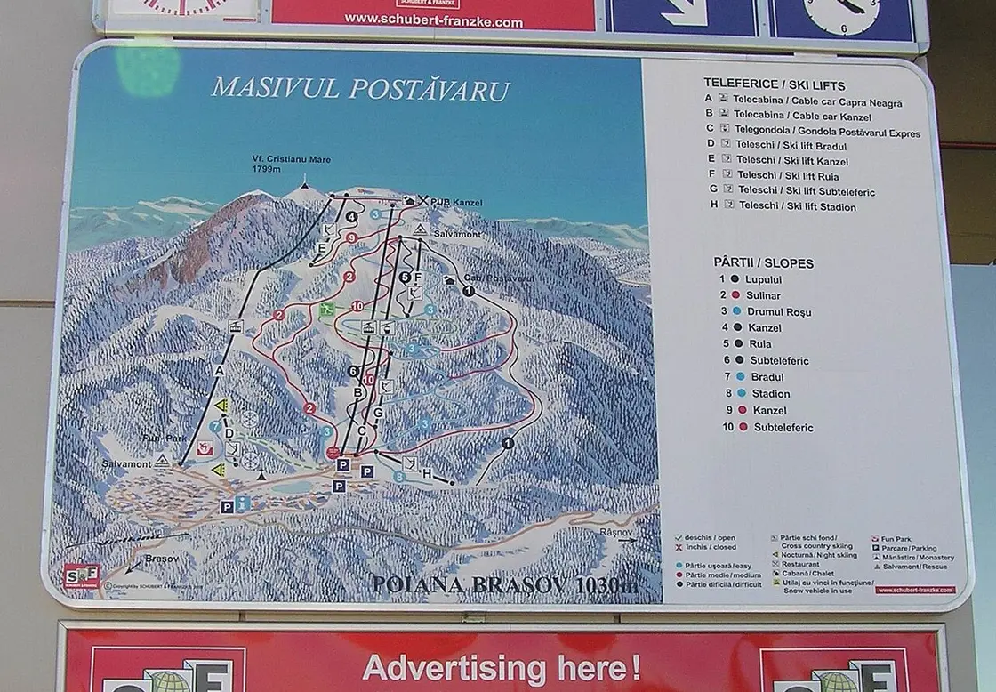 The Poiana Brasov piste map on a lift-station board, showing the Postavaru massif with numbered slopes and lettered ski lifts, the peak marked 1799 m and the base at 1030 m
