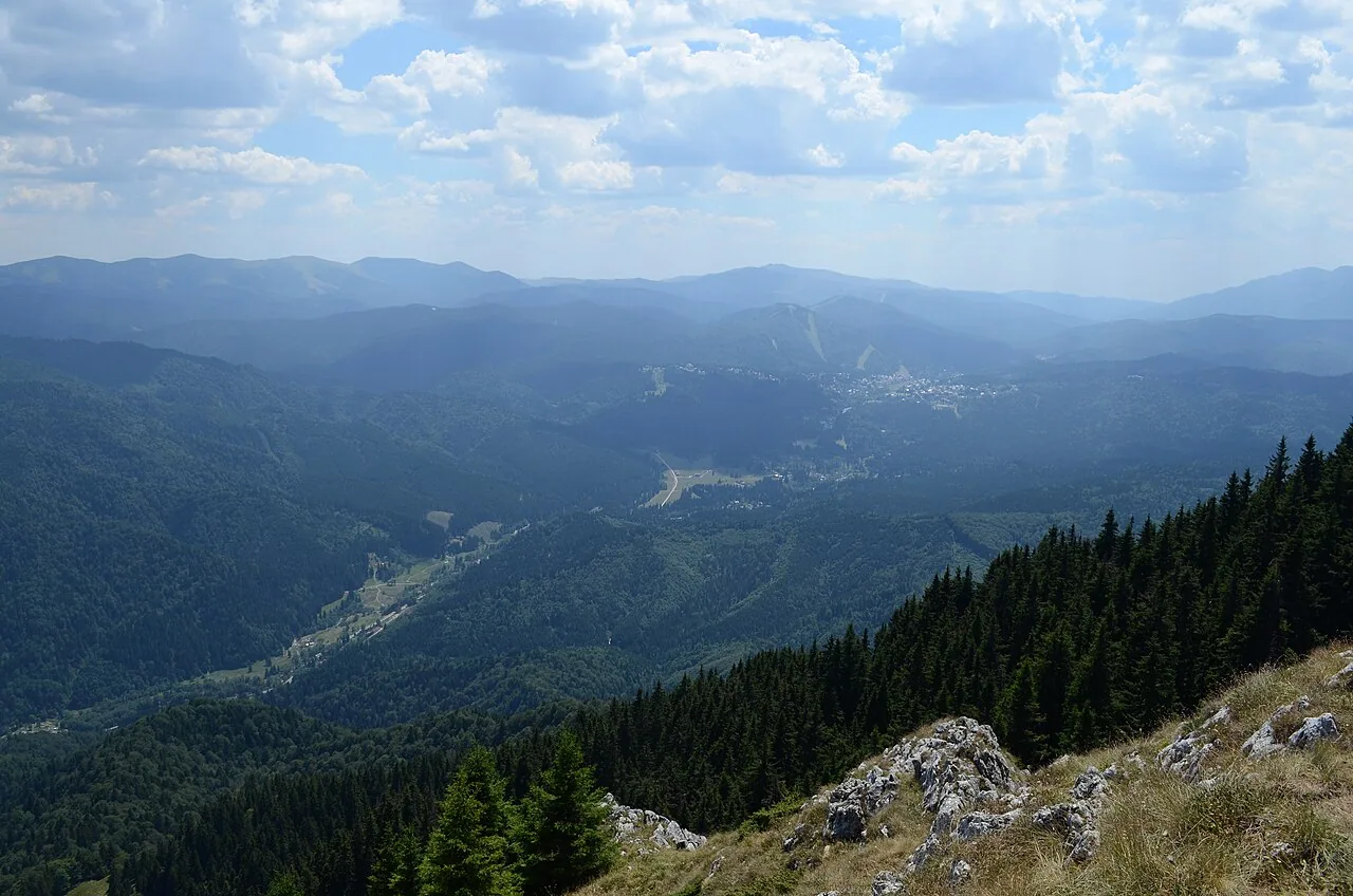 The view south from the top of Postavaru over forested ridges towards Predeal and the Prahova valley on a summer afternoon
