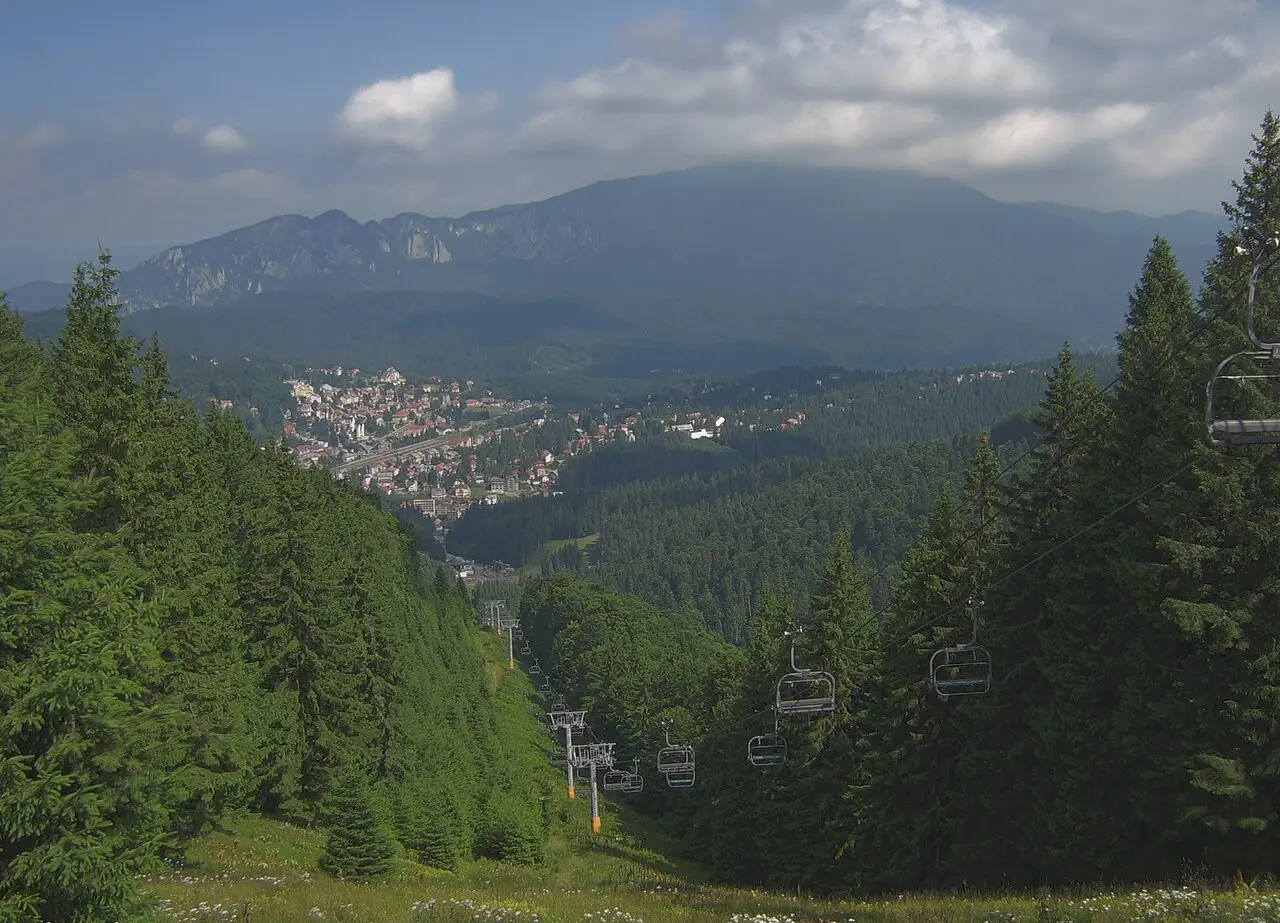 Predeal town and Mount Postavaru under snow