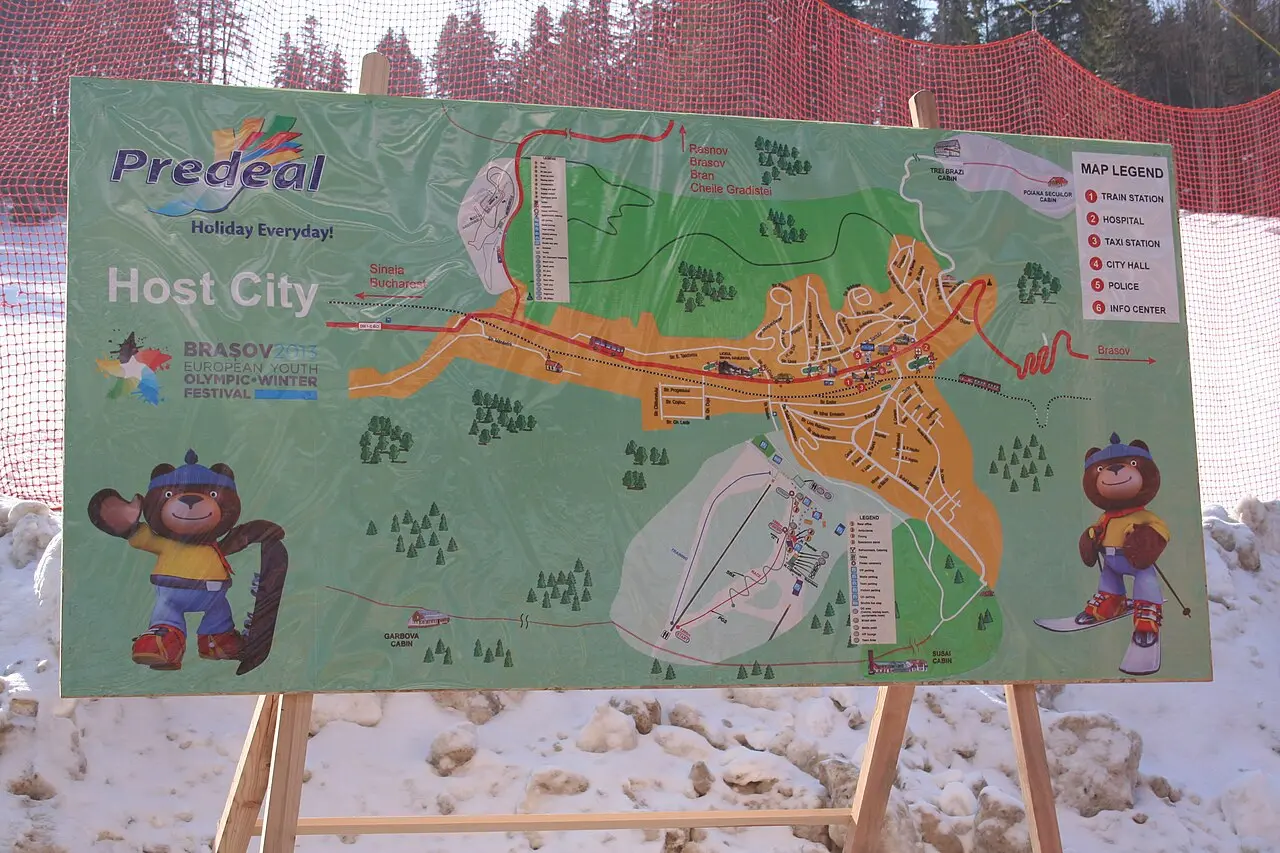 Winter resort buildings and snow at Predeal