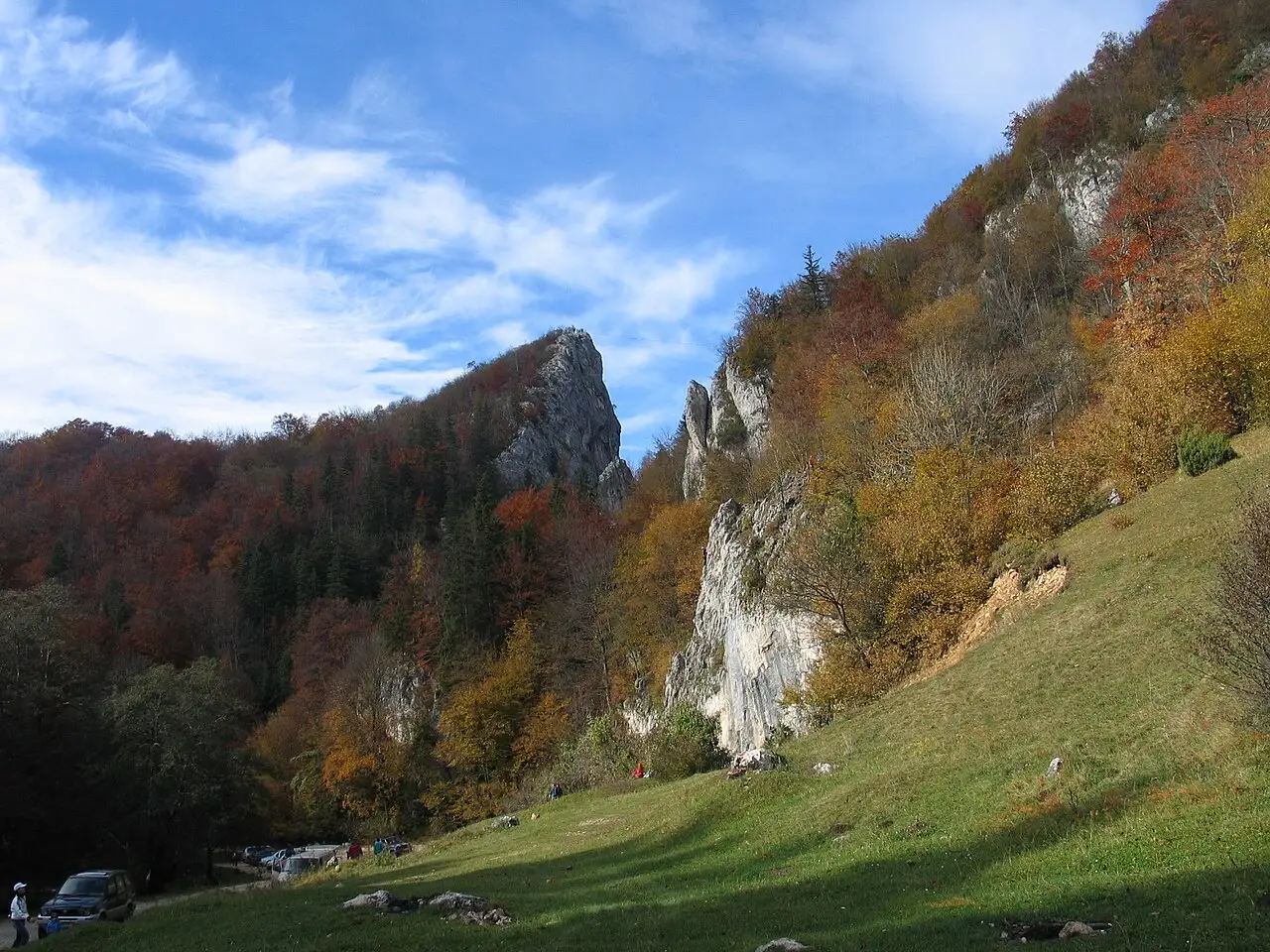 The Cheile Rasnovului gorge near Rasnov in autumn, pale limestone crags rising above red and gold forest with a grassy meadow below
