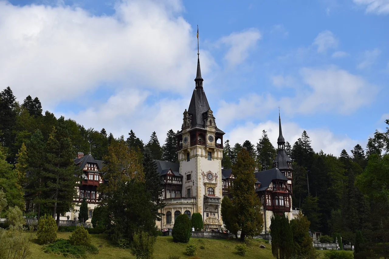 Peles Castle near Sinaia, a Neo-Renaissance royal palace in the wooded Carpathian foothills