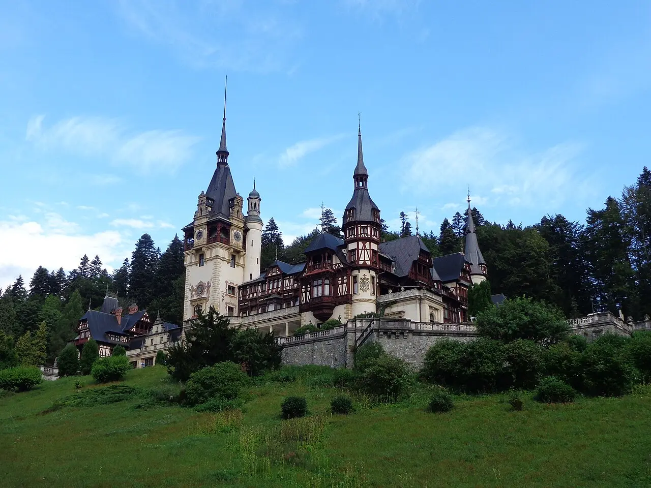 Peles Castle, a Neo-Renaissance royal palace in the wooded hills above Sinaia