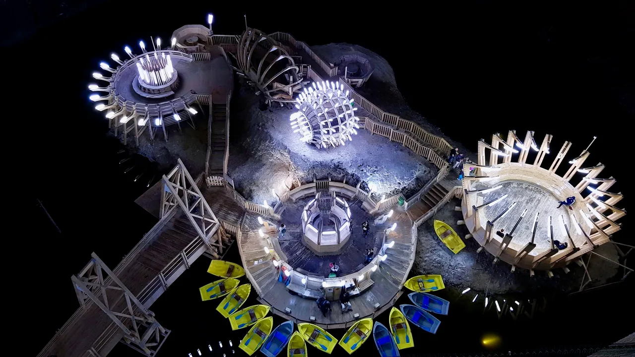 Aerial view of the underground salt lake in the Terezia mine, ringed with yellow rowing boats and lit wooden platforms