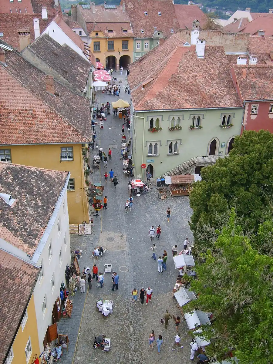Red-tiled roofs of the Sighisoara citadel seen from the top of the Clock Tower