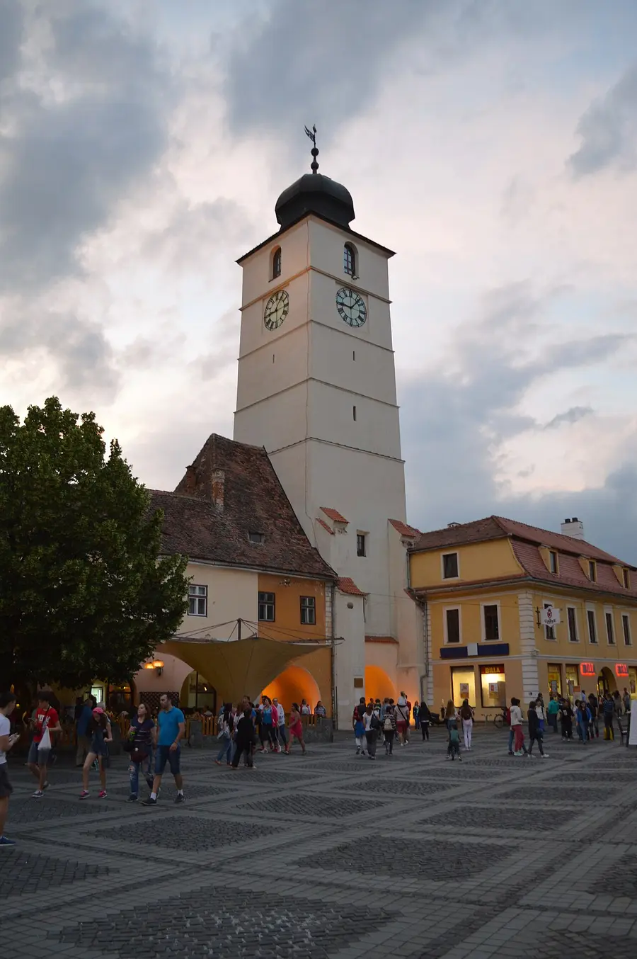 The Council Tower on the Large Square in Sibiu lit at dusk