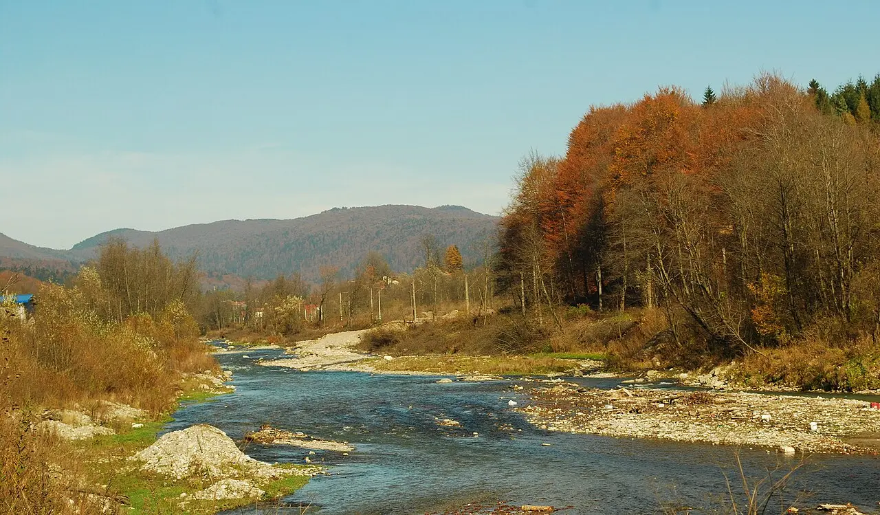 The Prahova river running over a wide stony bed near Sinaia, autumn-coloured forest on the banks and rounded Carpathian hills behind