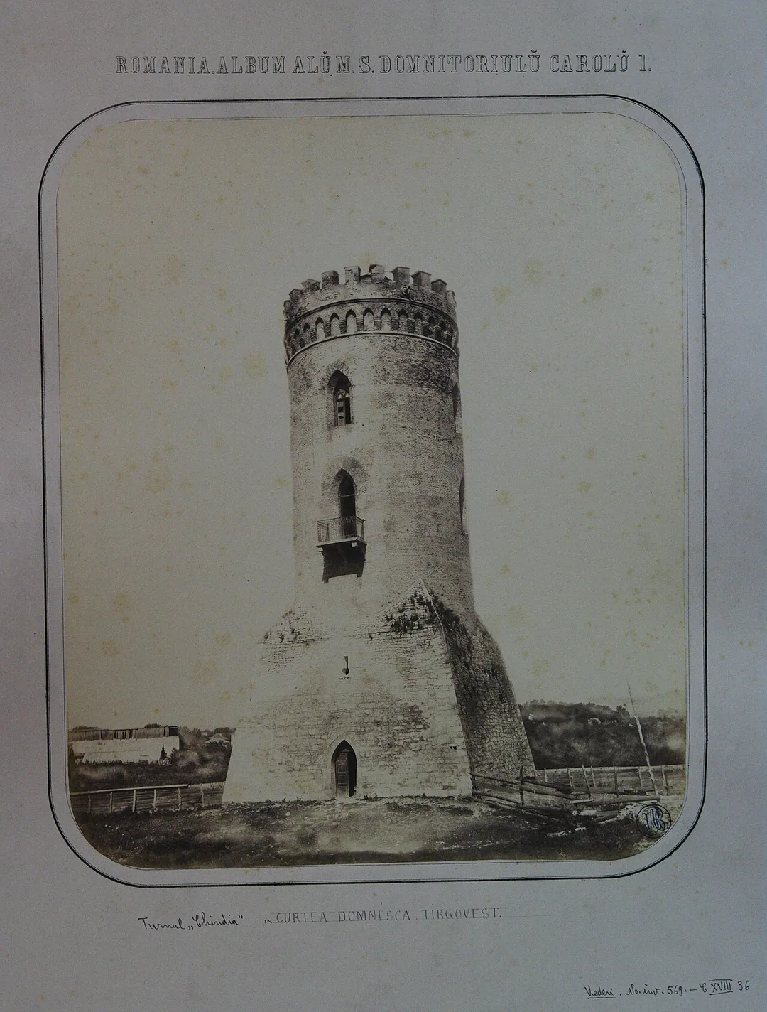 A sepia-toned 1867 photograph of the Chindia Tower from Prince Carol I's royal album, an early photographic record of the tower and the Princely Court ruins