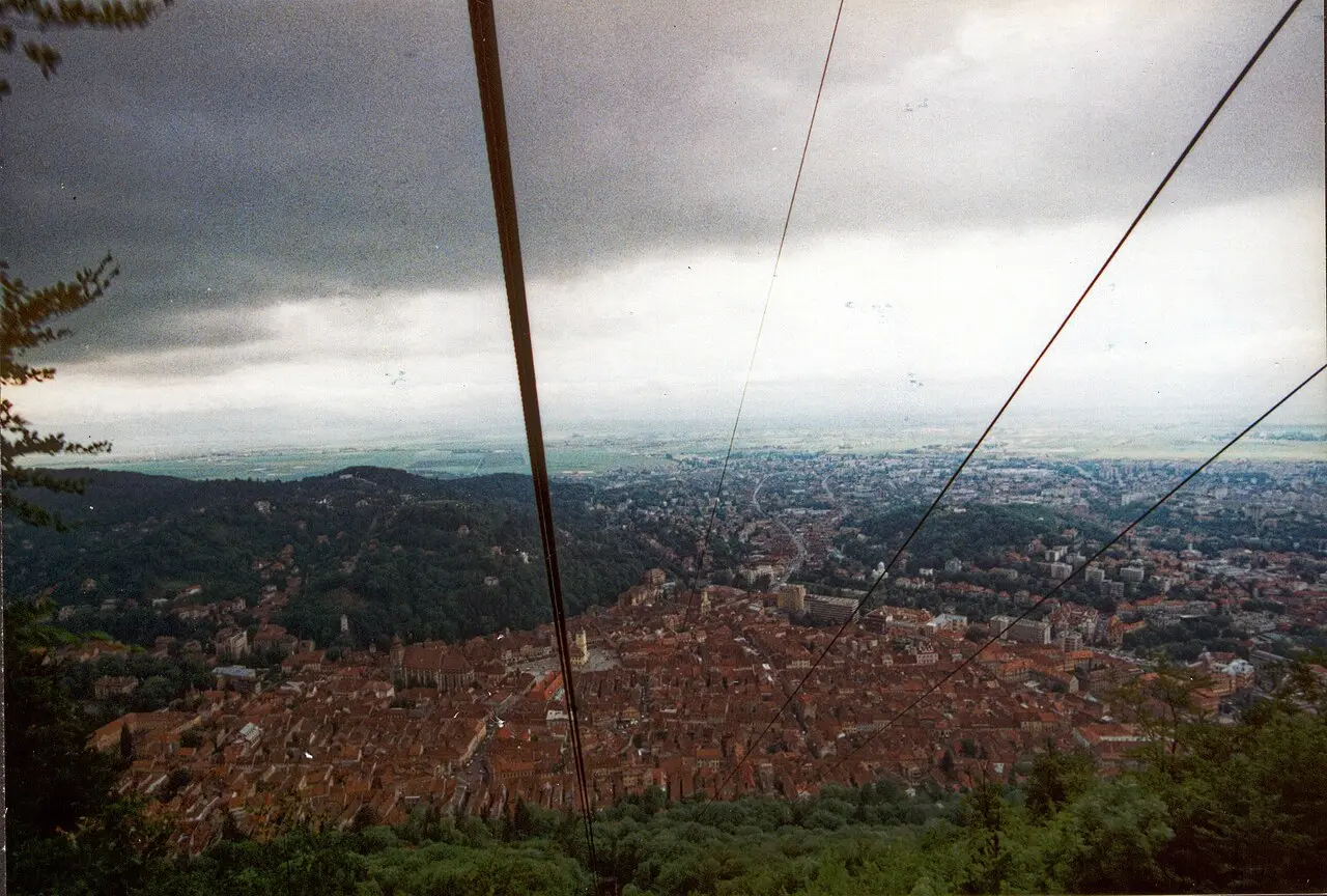 Panorama of Brasov's old town and outer districts seen from the top of Tampa