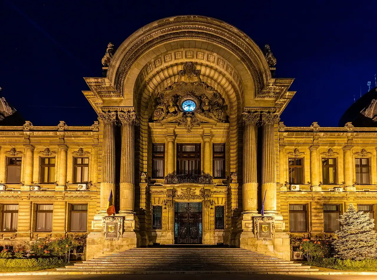The CEC Palace with its glass-and-metal dome facing Calea Victoriei