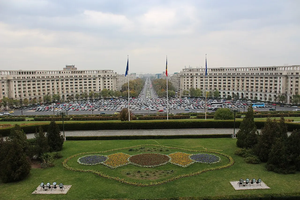 The Palace of the Parliament in Bucharest, the heaviest building in the world, seen across its plaza