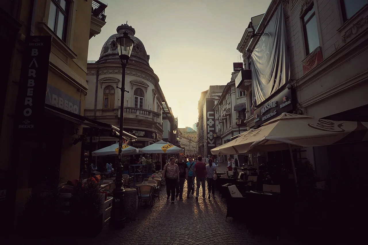 Sunset light on a pedestrian street in the Lipscani Old Town district of Bucharest