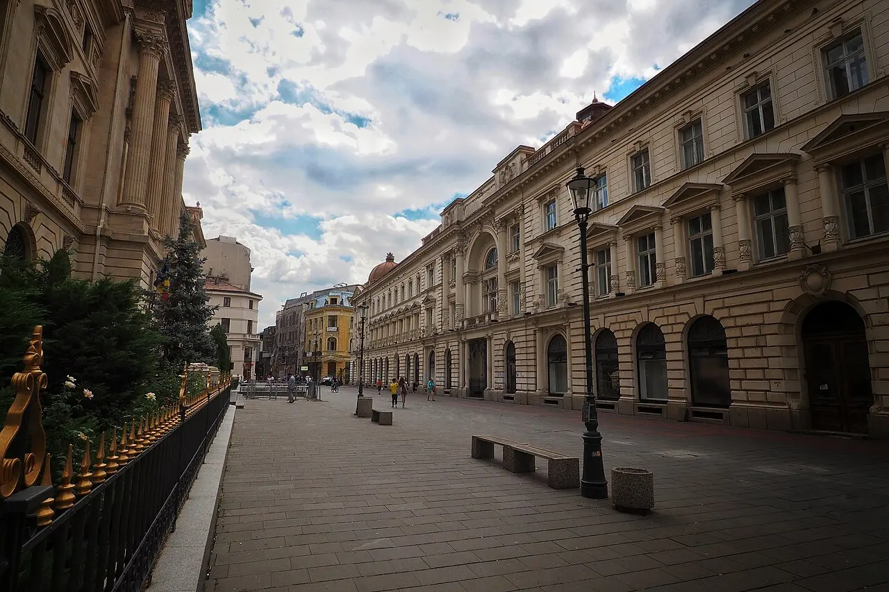 A cobbled lane of the Lipscani district lined with cafe terraces