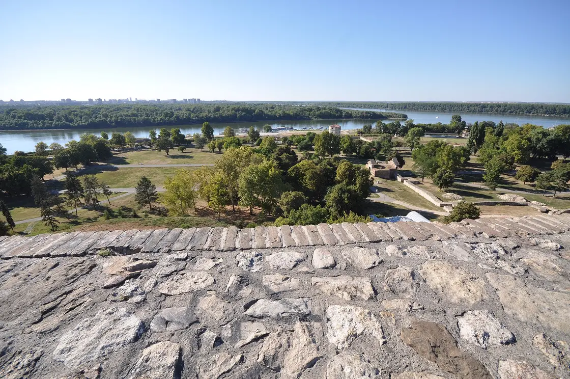 The confluence of the Danube and Sava rivers seen from Belgrade Fortress, with New Belgrade towers across the water and Great War Island in the middle