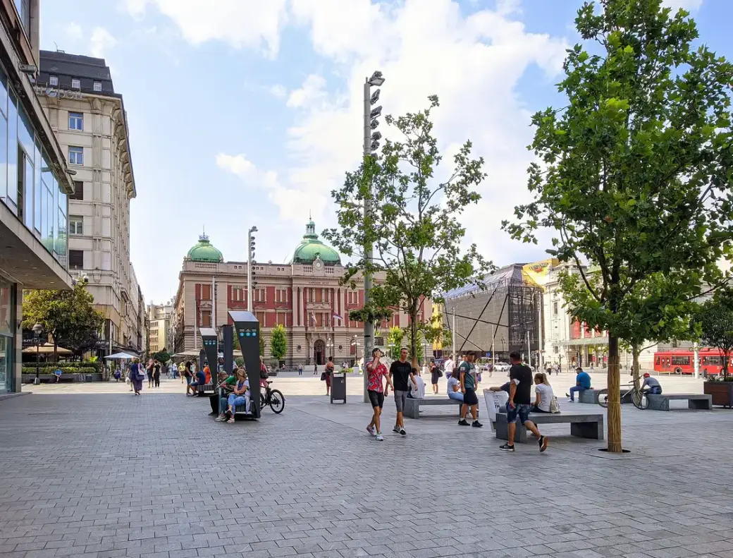 Republic Square in Belgrade with the National Museum, the equestrian statue of Prince Mihailo and crowds of people, the central meeting point of the city