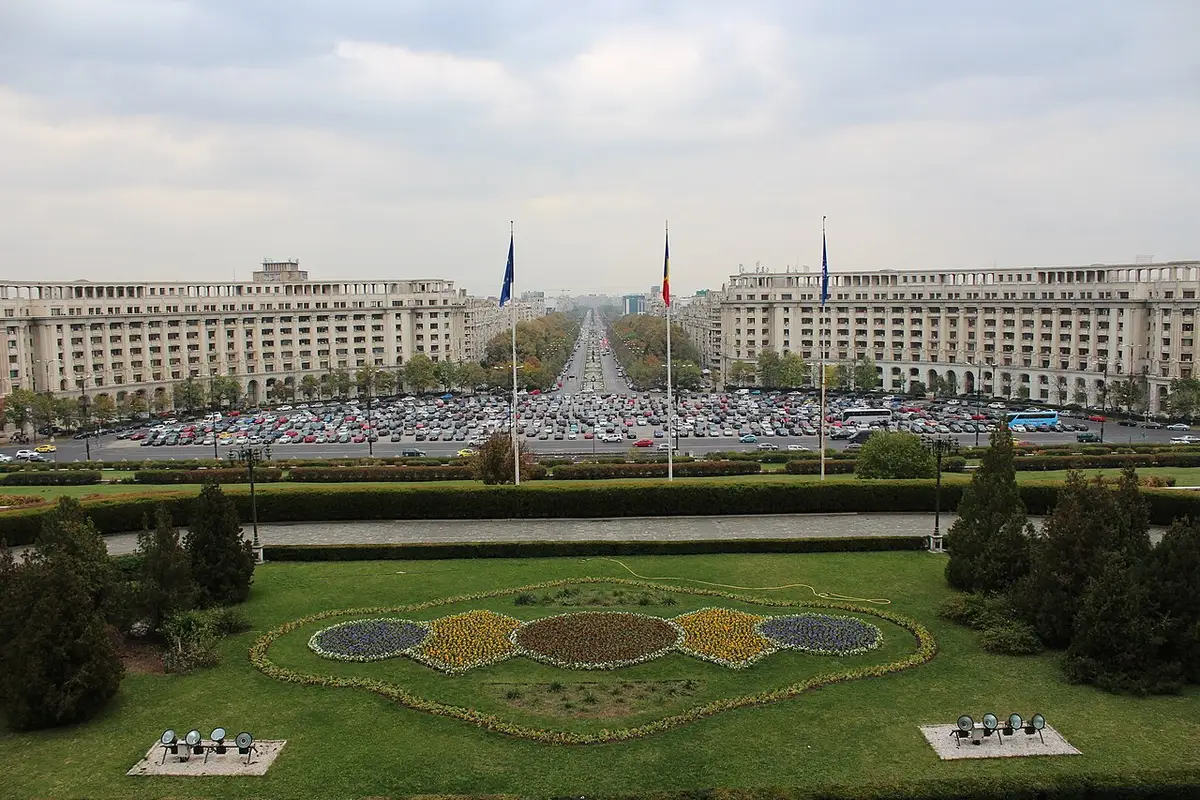 The Palace of the Parliament rising over Bucharest, the capital start of the Wallachia monasteries drive
